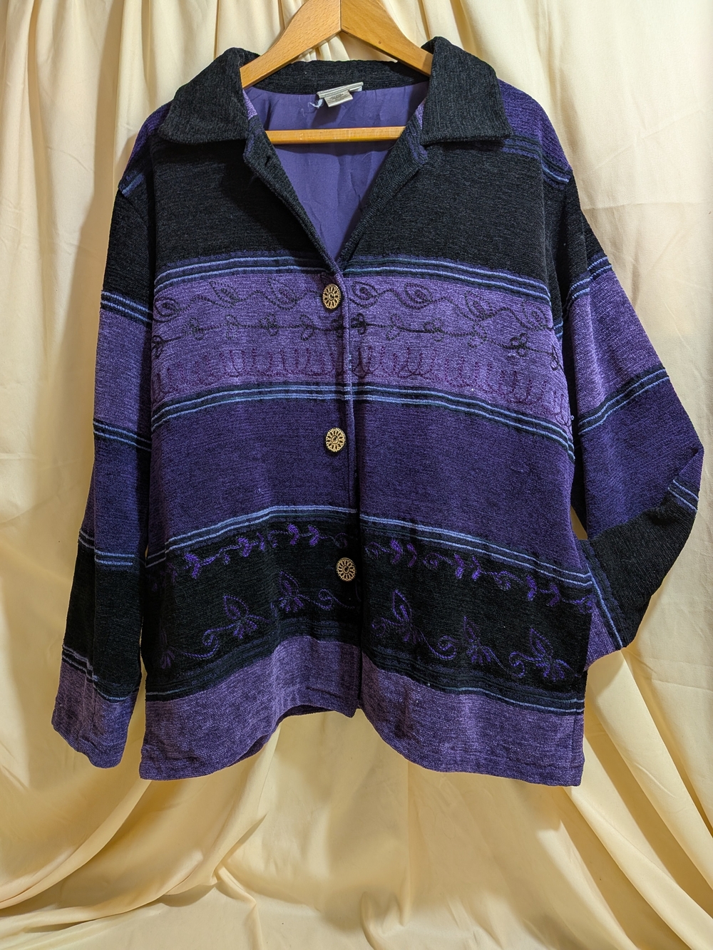 Coldwater Creek Purple and Black Striped Button-Up Jacket 1X Missing Top Button